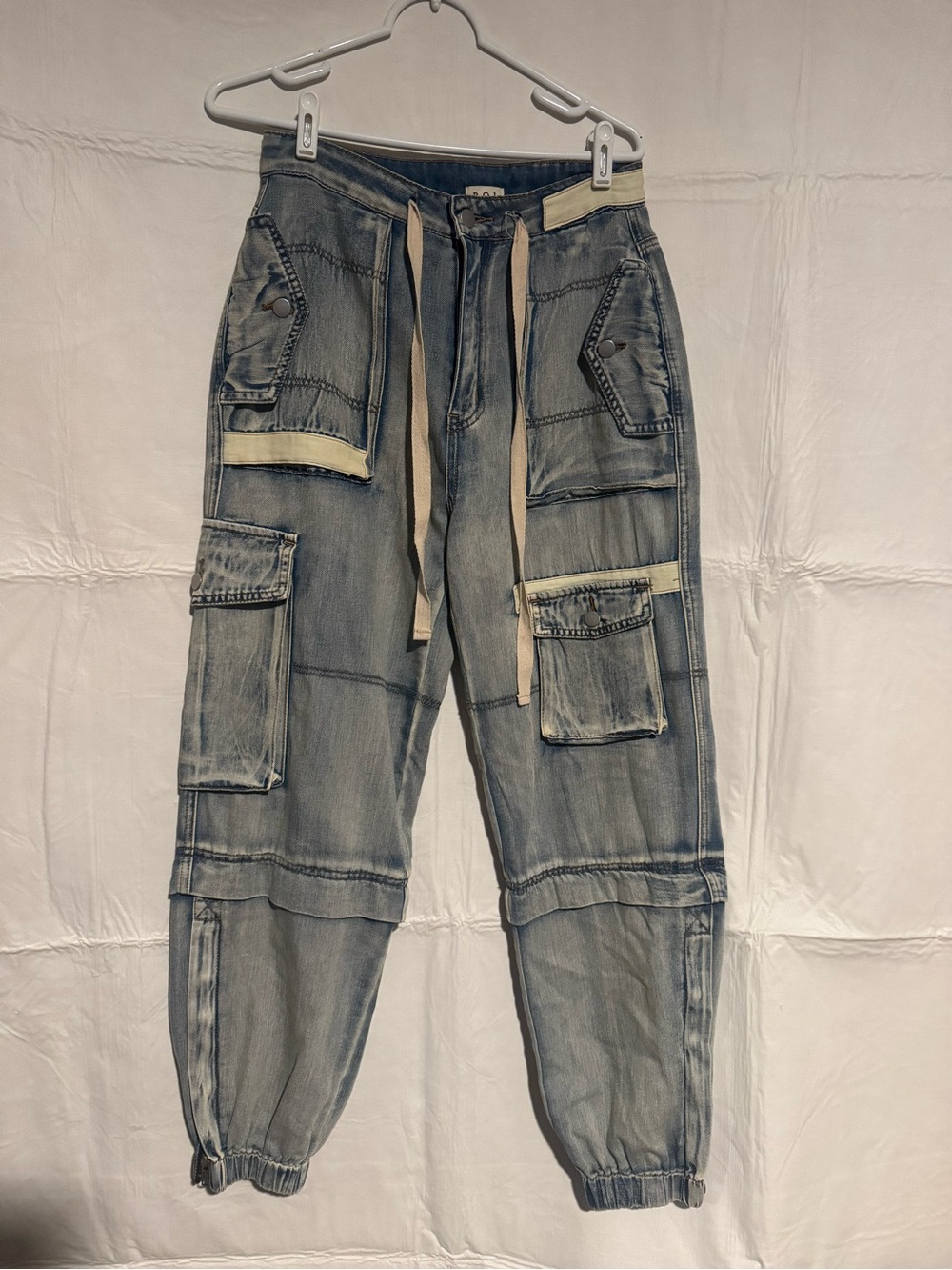 POL Washed Blue Cargo Jeans with Cream Accents